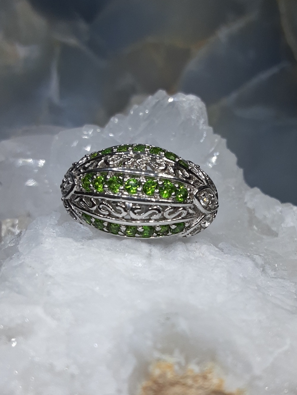 925 Chrome Diopside, White Topaz Ring.